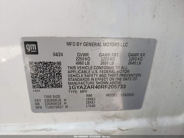 45689599 :رقم المزاد ، 1GYAZAR40RF205733 vin ، 2024 Cadillac Xt4 Fwd Luxury مزاد بيع