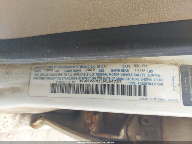 Продаж на аукціоні авто 2001 Volkswagen Jetta Wolfsburg, vin: 3VWPD69M11M184727, номер лоту: 45689600