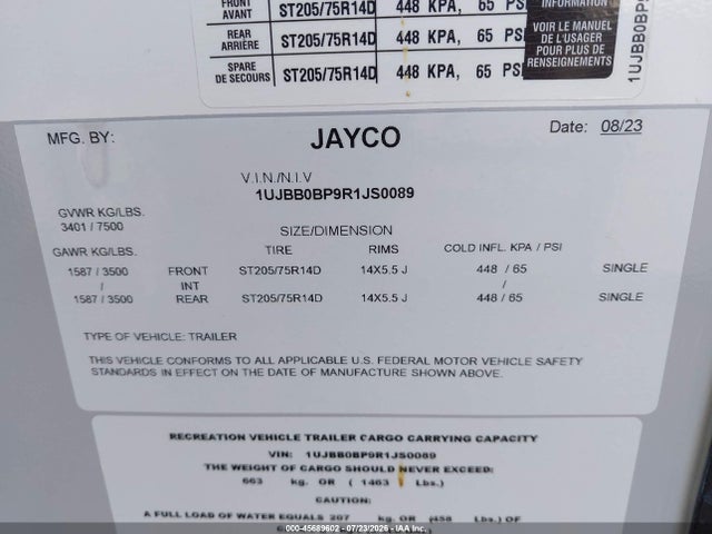 2024 Jayco Other მანქანა იყიდება აუქციონზე, vin: 1UJBB0BP9R1JS0089, აუქციონის ნომერი: 45689602