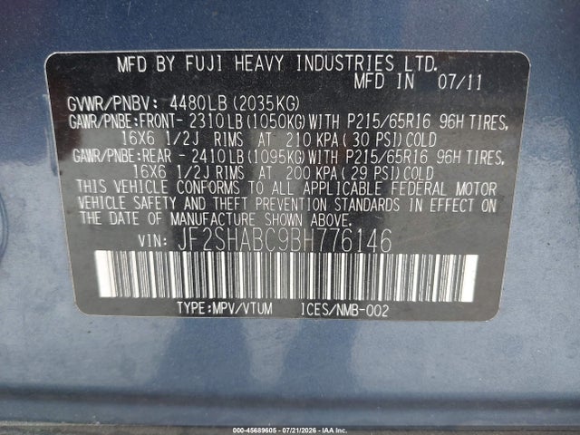Продажа на аукционе авто 2011 Subaru Forester 2.5x, vin: JF2SHABC9BH776146, номер лота: 45689605