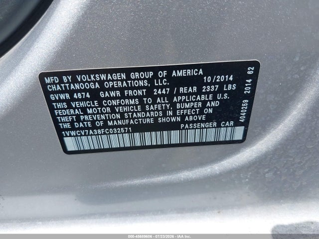 45689606 :رقم المزاد ، 1VWCV7A38FC032571 vin ، 2015 Volkswagen Passat 2.0l Tdi Sel Premium مزاد بيع
