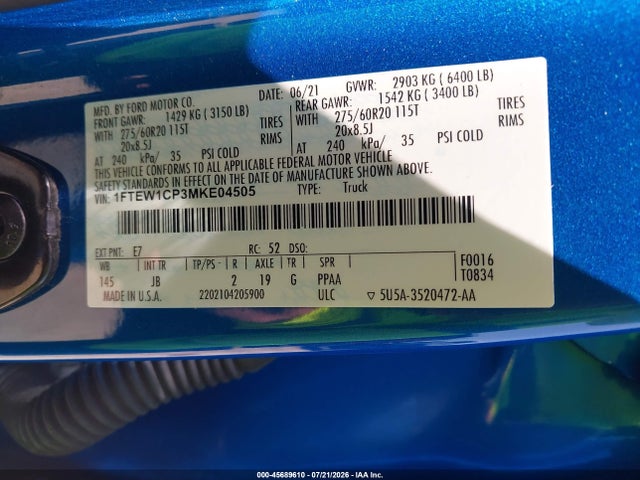 Продаж на аукціоні авто 2021 Ford F-150 Xl, vin: 1FTEW1CP3MKE04505, номер лоту: 45689610