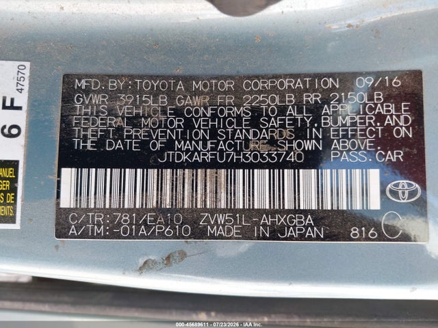 Продаж на аукціоні авто 2017 Toyota Prius Four, vin: JTDKARFU7H3033740, номер лоту: 45689611