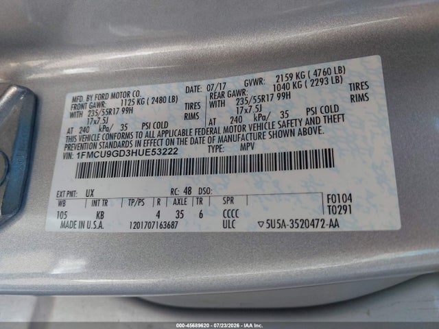 45689620 :رقم المزاد ، 1FMCU9GD3HUE53222 vin ، 2017 Ford Escape Se مزاد بيع
