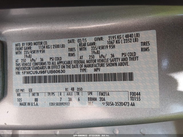 1FMCU9J98FUB60630 Ford Escape Titanium