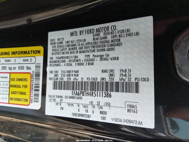 Продажа на аукционе авто 2024 Ford Mustang Ecoboost Fastback, vin: 1FA6P8TH4R5111386, номер лота: 45689645