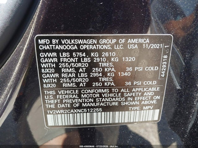 Продаж на аукціоні авто 2022 Volkswagen Atlas 3.6l V6 Se W/technology, vin: 1V2WR2CAXNC512255, номер лоту: 45689646