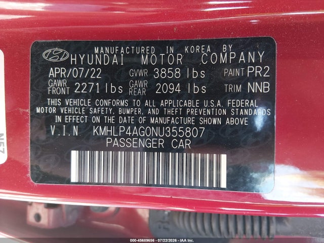 Aukcja sprzedaży 2022 Hyundai Elantra Limited, vin: KMHLP4AG0NU355807, numer aukcji: 45689656