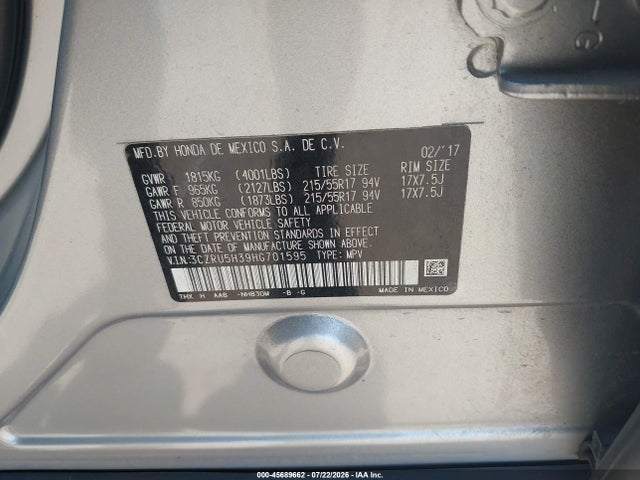 Aukcja sprzedaży 2017 Honda Hr-v Lx, vin: 3CZRU5H39HG701595, numer aukcji: 45689662
