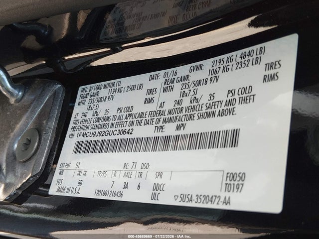 2016 Ford Escape Titanium მანქანა იყიდება აუქციონზე, vin: 1FMCU9J92GUC30642, აუქციონის ნომერი: 45689669