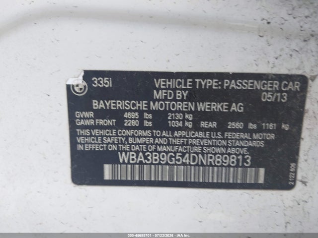 Aukcja sprzedaży 2013 Bmw 335i Xdrive, vin: WBA3B9G54DNR89813, numer aukcji: 45689701