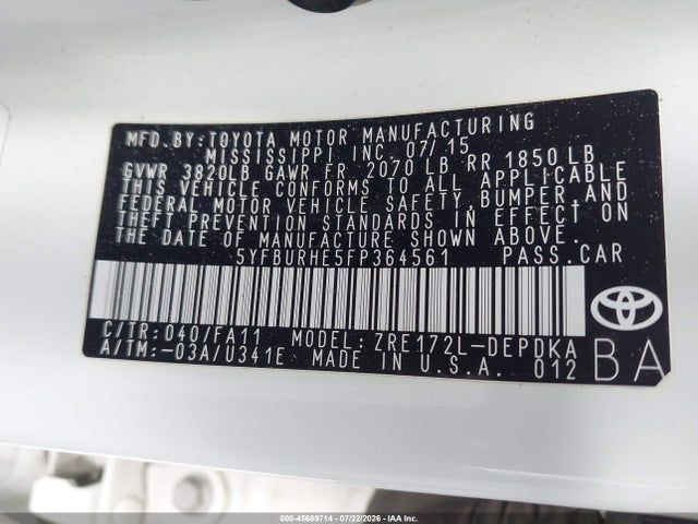 5YFBURHE5FP364561 Toyota COROLLA L