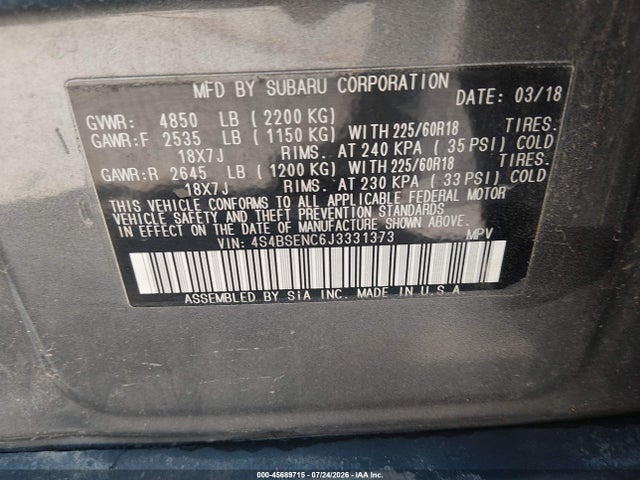 Продаж на аукціоні авто 2018 Subaru Outback 3.6r Limited, vin: 4S4BSENC6J3331373, номер лоту: 45689715