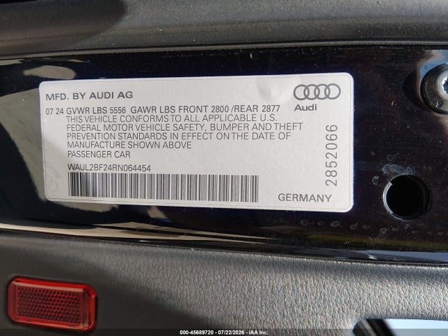45689720 :رقم المزاد ، WAUL2BF24RN064454 vin ، 2024 Audi A6 Premium Plus 55 Tfsi Quattro S Tronic مزاد بيع
