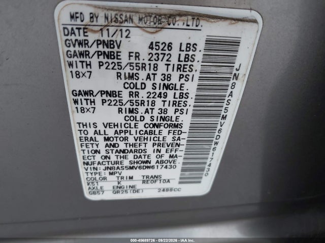 45689726 :رقم المزاد ، JN8AS5MV6DW617430 vin ، 2013 Nissan Rogue Sv W/sl Pkg مزاد بيع