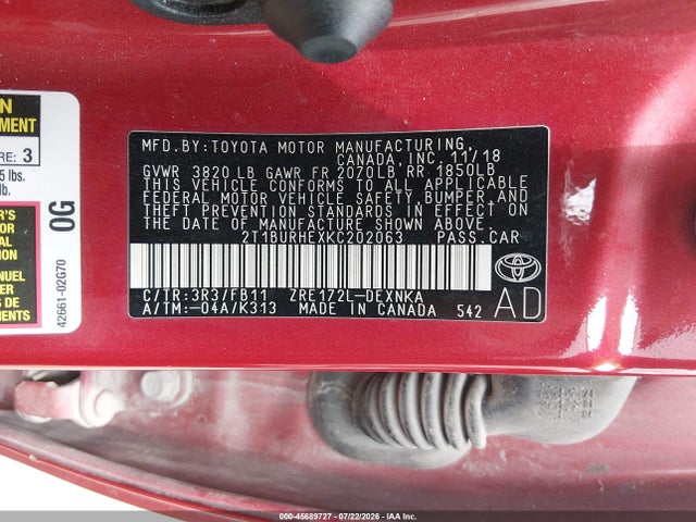 2019 Toyota Corolla Le მანქანა იყიდება აუქციონზე, vin: 2T1BURHEXKC202063, აუქციონის ნომერი: 45689727