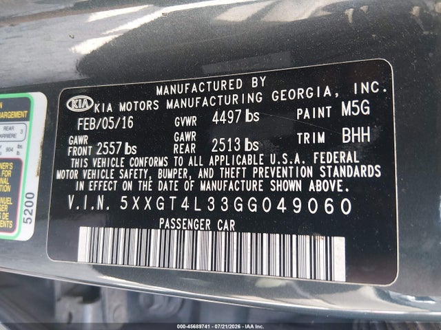 KIA Optima Lx 2016 5XXGT4L33GG049060 Image 9