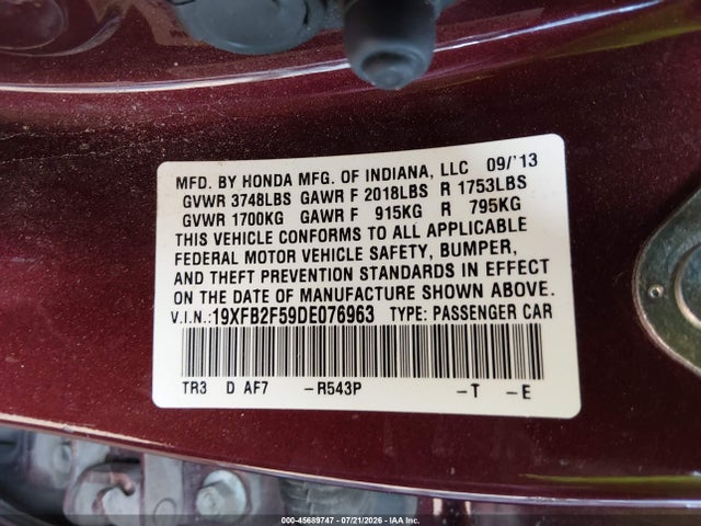 45689747 :رقم المزاد ، 19XFB2F59DE076963 vin ، 2013 Honda Civic Lx مزاد بيع