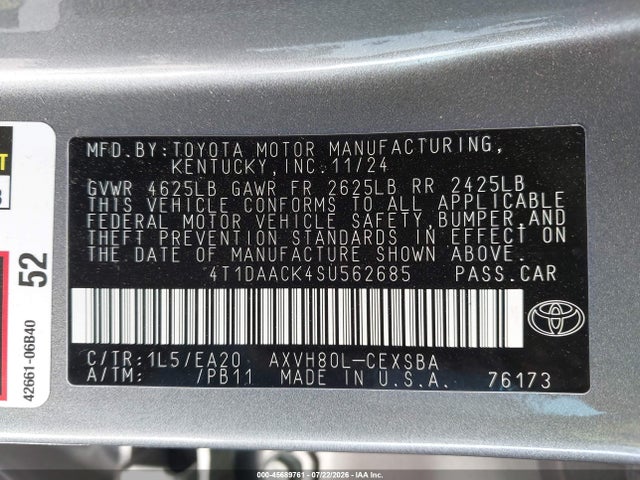 Aukcja sprzedaży 2025 Toyota Camry Se, vin: 4T1DAACK4SU562685, numer aukcji: 45689761