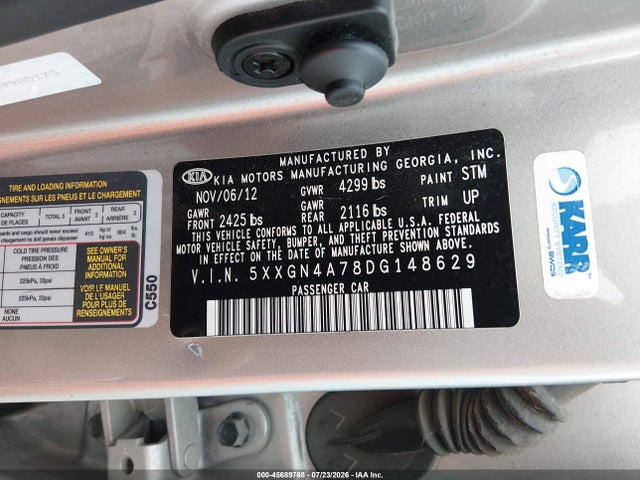 Продажа на аукционе авто 2013 Kia Optima Ex, vin: 5XXGN4A78DG148629, номер лота: 45689768