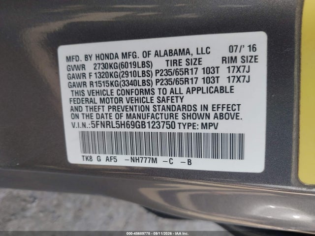 Aukcja sprzedaży 2016 Honda Odyssey Ex-l, vin: 5FNRL5H69GB123750, numer aukcji: 45689778
