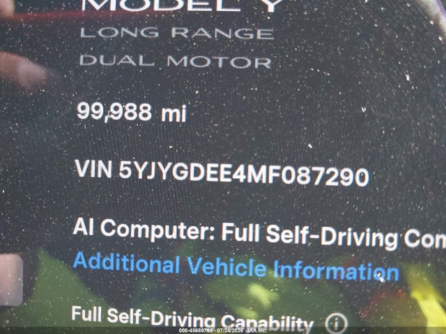 Продажа на аукционе авто 2021 Tesla Model Y Long Range Dual Motor All-wheel Drive, vin: 5YJYGDEE4MF087290, номер лота: 45689783