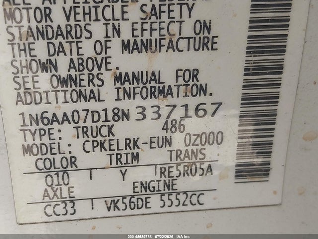 Auction sale of the 2008 Nissan Titan Se/xe, vin: 1N6AA07D18N337167, lot number: 45689788