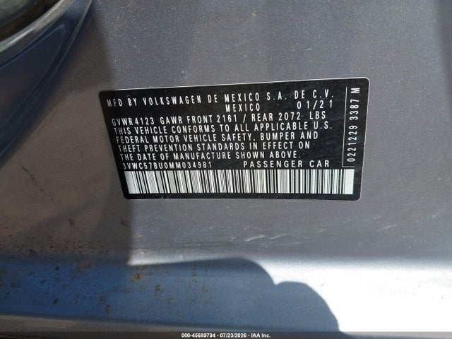 45689794 :رقم المزاد ، 3VWC57BU0MM034981 vin ، 2021 Volkswagen Jetta 1.4t R-line/1.4t Se/s مزاد بيع