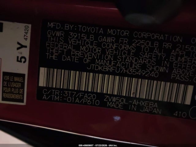 Aukcja sprzedaży 2017 Toyota Prius Two, vin: JTDKBRFU7H3549240, numer aukcji: 45689807