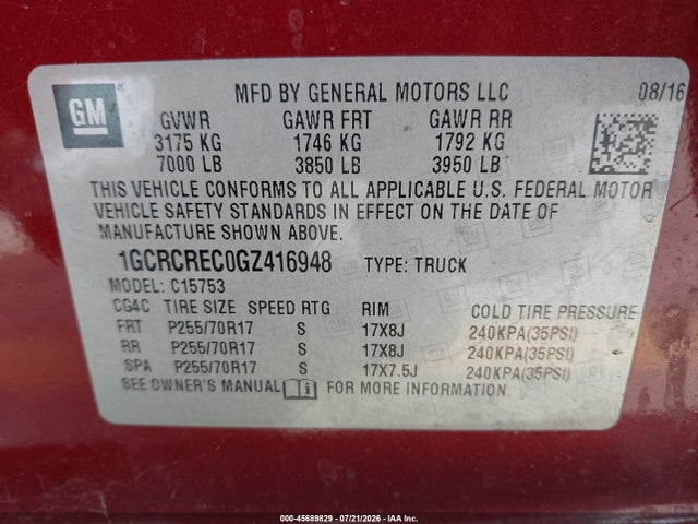 1GCRCREC0GZ416948 Chevrolet Silverado 1500 Lt