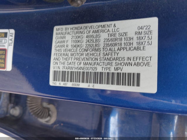 Aukcja sprzedaży 2022 Honda Cr-v 2wd Ex, vin: 7FARW1H54NE007929, numer aukcji: 45689836