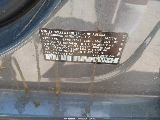 45689857 :رقم المزاد ، 1VWCA7A33JC041960 vin ، 2018 Volkswagen Passat 2.0t Sel Premium مزاد بيع