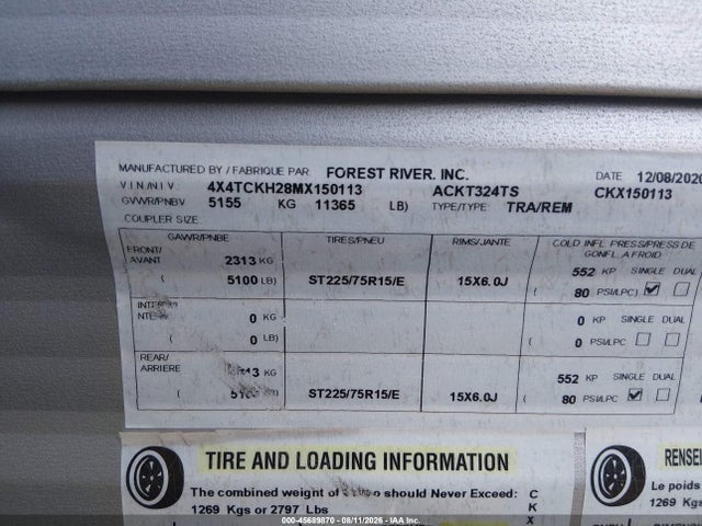 Aukcja sprzedaży 2021 Forest River Cherokee, vin: 4X4TCKH28MX150113, numer aukcji: 45689870