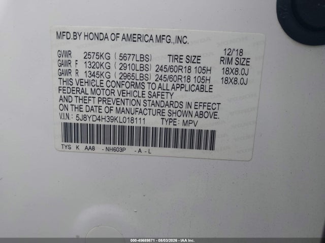 Aukcja sprzedaży 2019 Acura Mdx Standard, vin: 5J8YD4H39KL018111, numer aukcji: 45689871