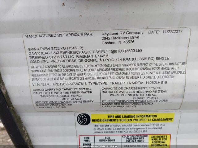 Продаж на аукціоні авто 2018 Keystone Hideout, vin: 4YDT26223J7247818, номер лоту: 45689884