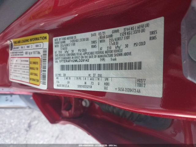 45689889 :رقم المزاد ، 1FTER4FH2MLD29142 vin ، 2021 Ford Ranger Xlt مزاد بيع
