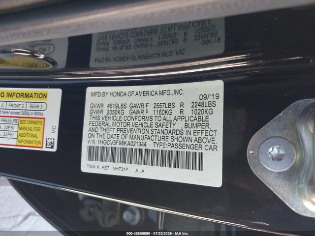 1HGCV3F98KA021344 Honda Accord Hybrid Touring