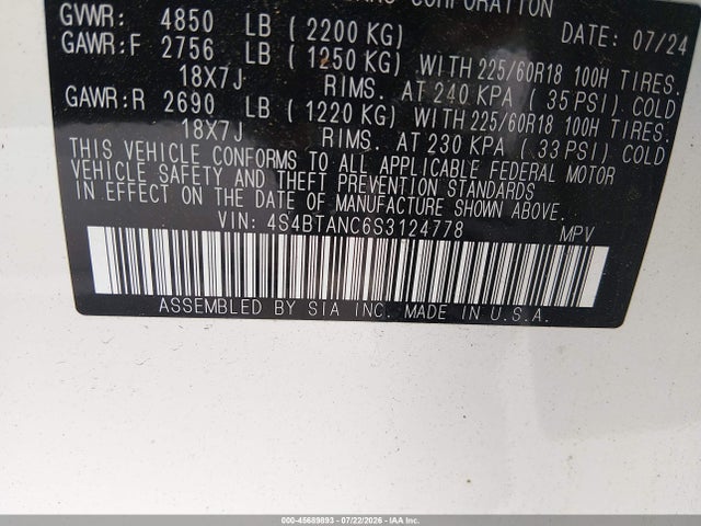 45689893 :رقم المزاد ، 4S4BTANC6S3124778 vin ، 2025 Subaru Outback Limited مزاد بيع
