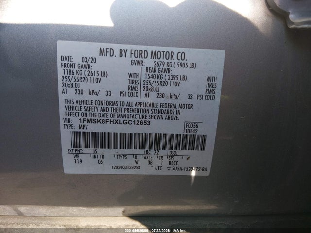 45689899 :رقم المزاد ، 1FMSK8FHXLGC12653 vin ، 2020 Ford Explorer Limited مزاد بيع