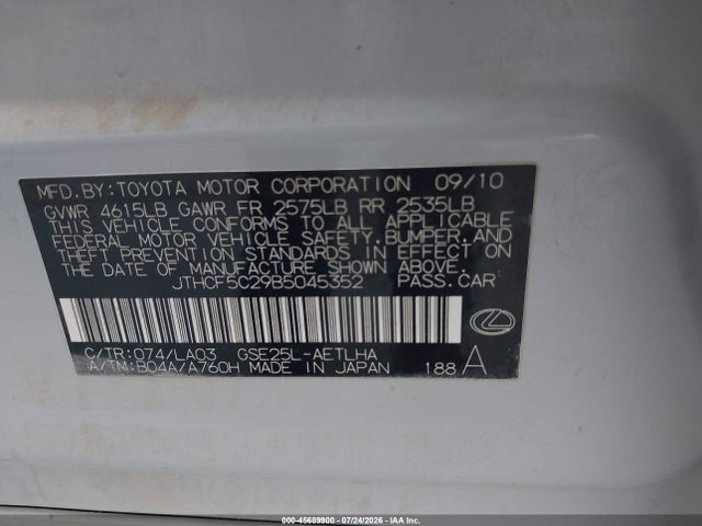 Aukcja sprzedaży 2011 Lexus Is 250, vin: JTHCF5C29B5045352, numer aukcji: 45689900