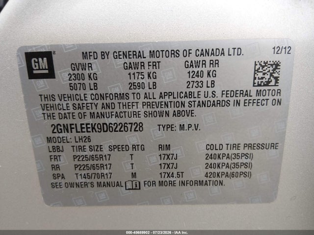 Aukcja sprzedaży 2013 Chevrolet Equinox Lt, vin: 2GNFLEEK9D6226728, numer aukcji: 45689902
