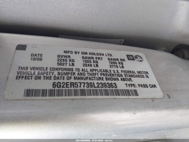 45689906 :رقم المزاد ، 6G2ER57739L239363 vin ، 2009 Pontiac G8 مزاد بيع