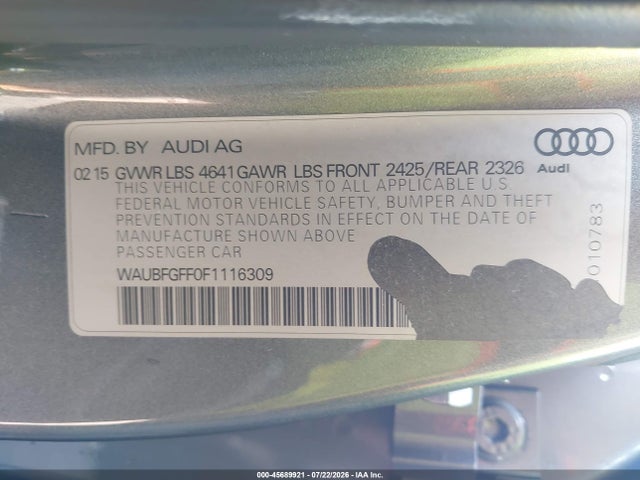 2015 Audi S3 2.0t Premium Plus მანქანა იყიდება აუქციონზე, vin: WAUBFGFF0F1116309, აუქციონის ნომერი: 45689921