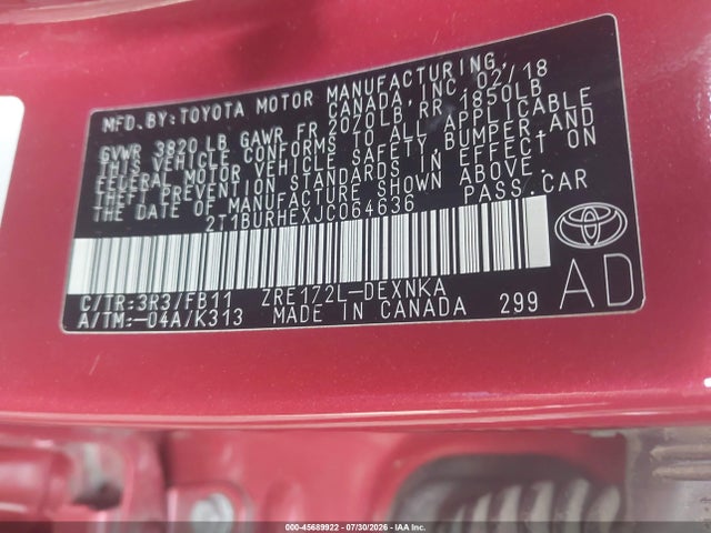 45689922 :رقم المزاد ، 2T1BURHEXJC064636 vin ، 2018 Toyota Corolla Le مزاد بيع