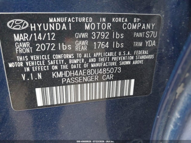 Aukcja sprzedaży 2013 Hyundai Elantra Gls, vin: KMHDH4AE8DU485073, numer aukcji: 45689926