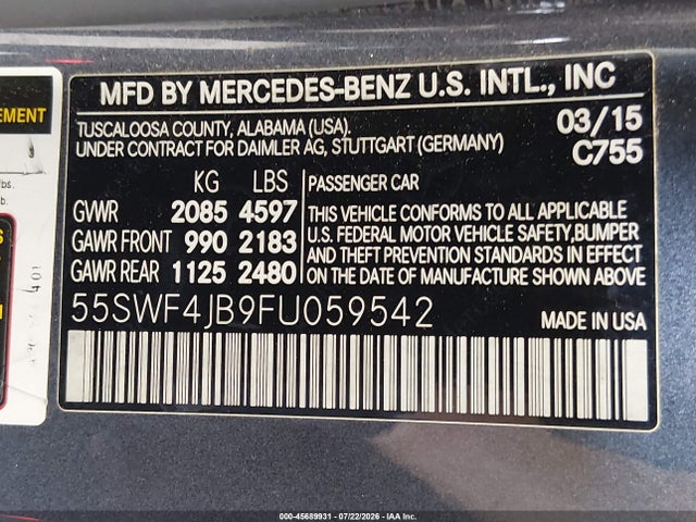 55SWF4JB9FU059542 Mercedes-Benz C 300