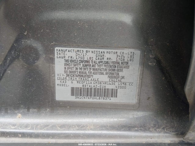 45689933 :رقم المزاد ، 3N1CN7AP0HL878371 vin ، 2017 Nissan Versa 1.6 S+ مزاد بيع