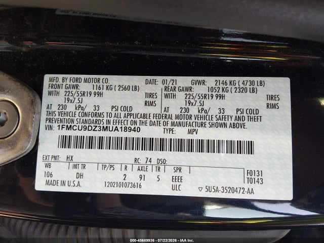 Ford Escape Titanium Hybrid 2021 1FMCU9DZ3MUA18940 Image 9