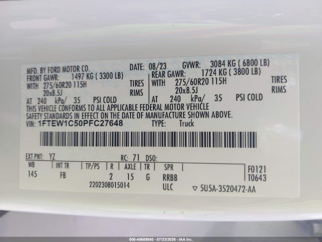 Aukcja sprzedaży 2023 Ford F-150 Xlt, vin: 1FTEW1C50PFC27648, numer aukcji: 45689940