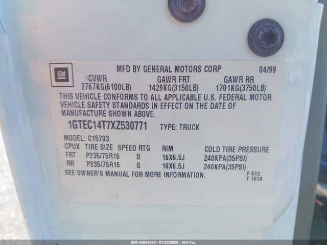 Продажа на аукционе авто 1999 Gmc New Sierra 1500 Sle, vin: 1GTEC14T7XZ530771, номер лота: 45689942